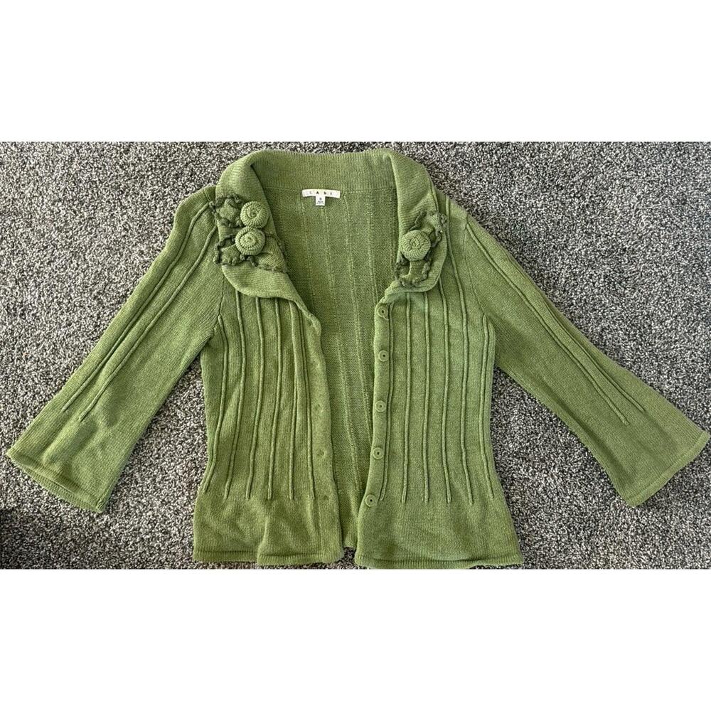 Cabi Sweater Small, Green with Flower Collar Detail